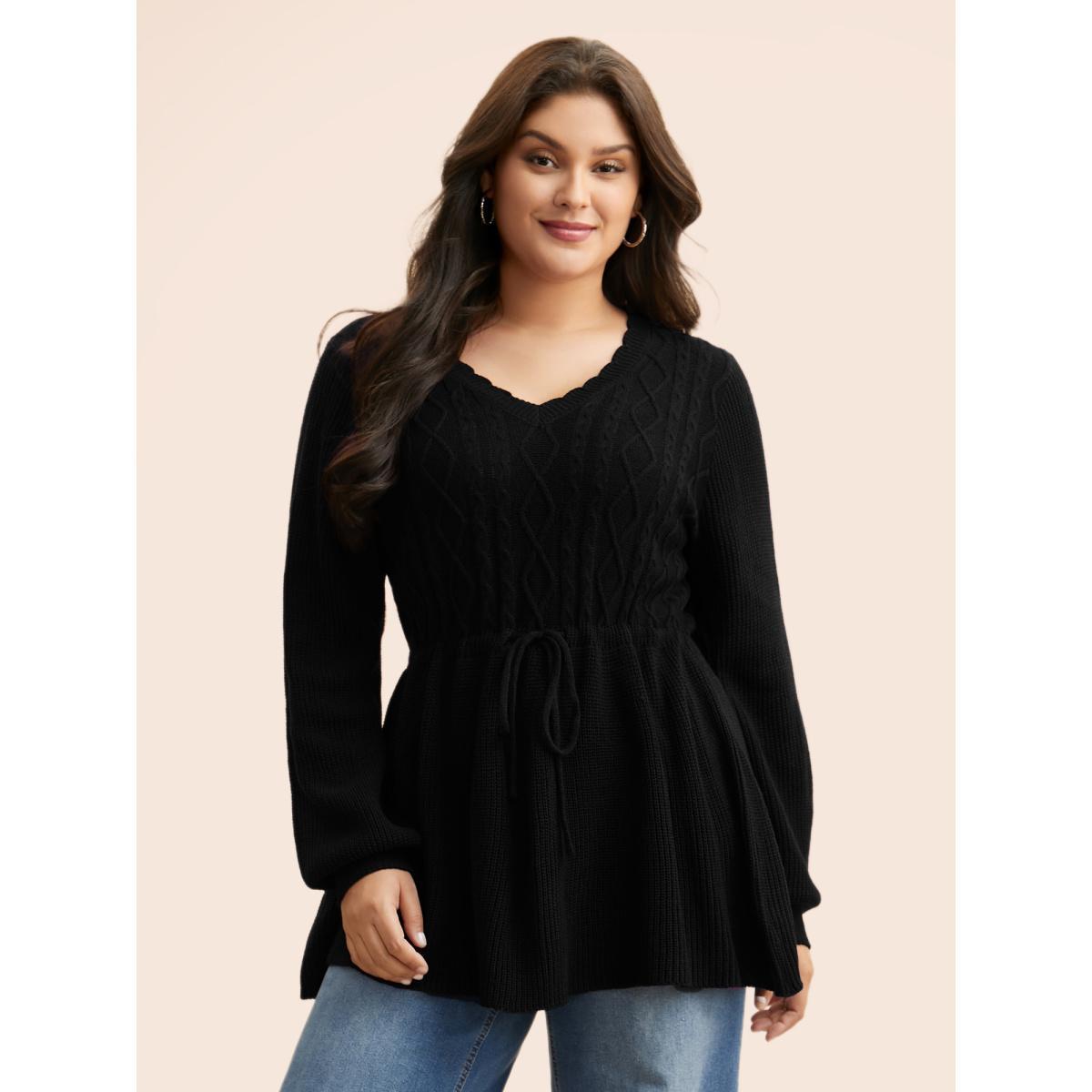 Plus Size V Neck Cable Knit Drawstring Pullover Black Women Casual Long Sleeve V-neck Everyday Pullovers BloomChic 18-20/2X Product Image