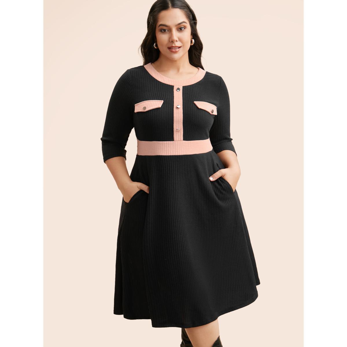 Plus Size Contrast Texture Metal Detail Midi Dress Black Women Elegant Texture Round Neck Elbow-length sleeve Curvy BloomChic 30/6X Product Image