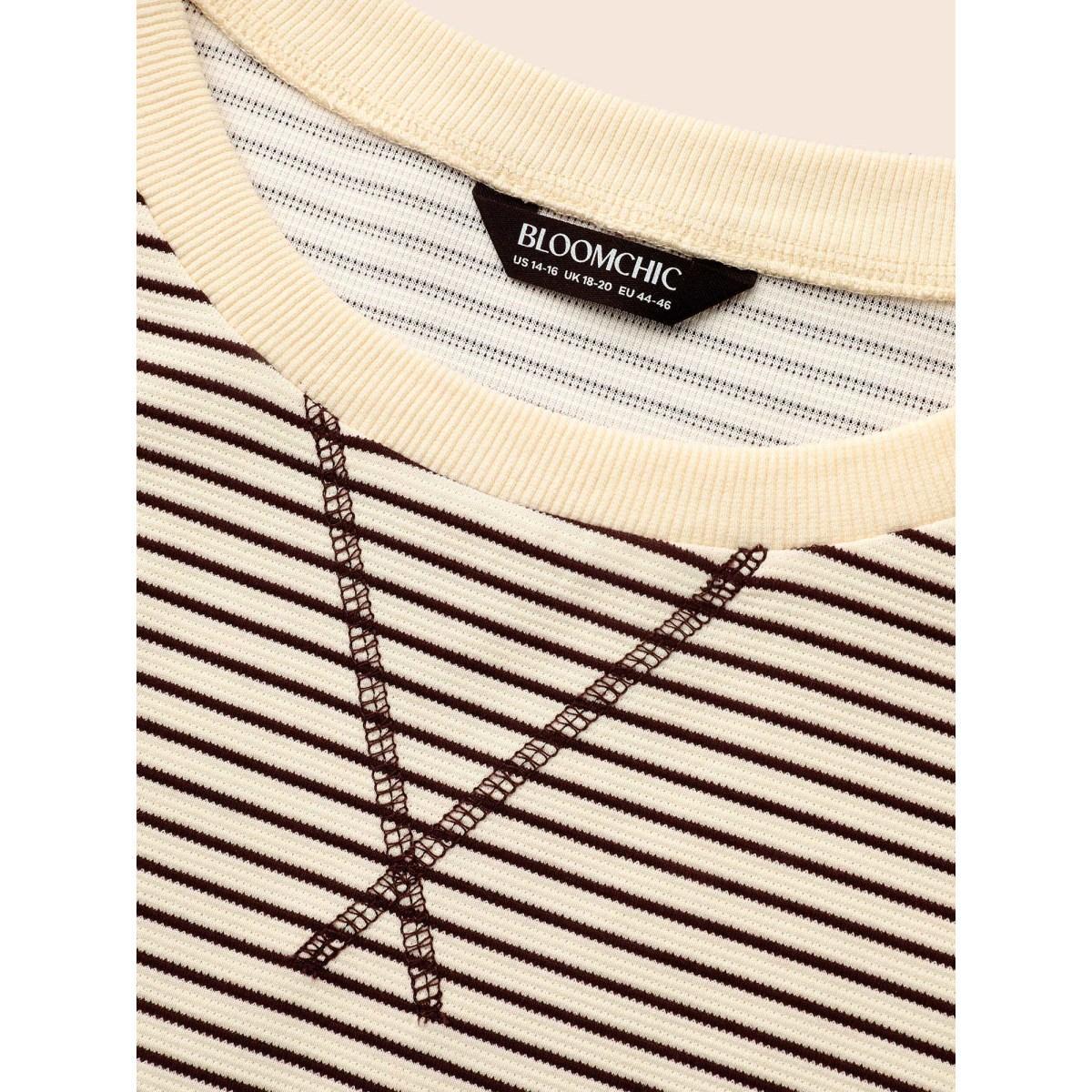 Plus Size Round Neck Striped Stitch Sweatshirt Women DarkBrown Casual Texture Round Neck Everyday Sweatshirts BloomChic 22-24/3X Product Image
