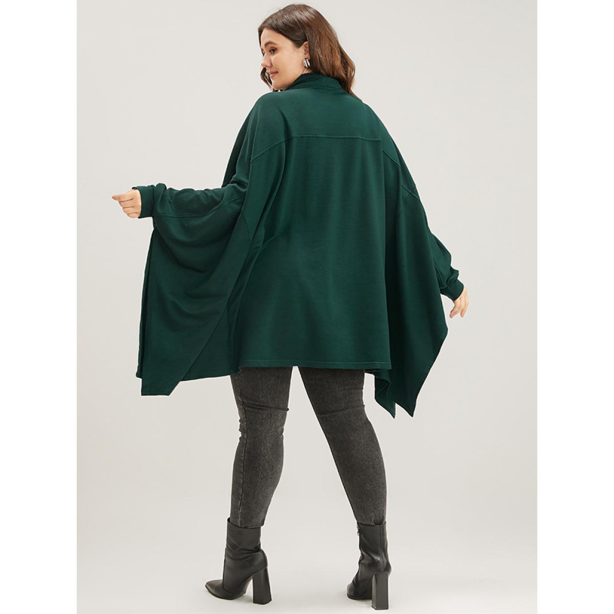 Plus Size Solid Pocket Dolman Sleeve Drawstring Sweatshirt Women DarkGreen Casual Asymmetrical Turtleneck Dailywear Sweatshirts BloomChic 26/4X Product Image