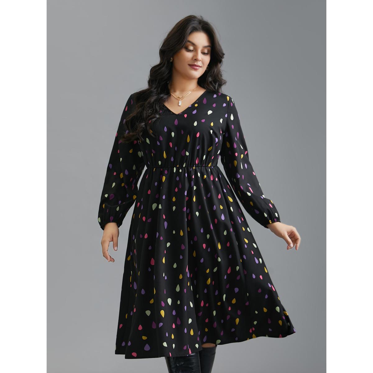 Plus Size V Neck Color Contrast Lantern Sleeve Dress Black Women Elegant Contrast V-neck Long Sleeve Curvy BloomChic 30/6X Product Image