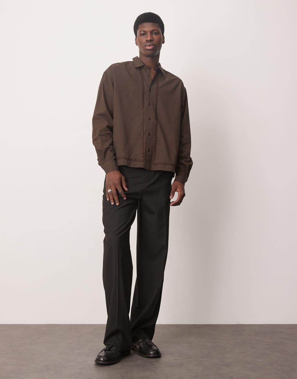 ASOS DESIGN oversized boxy shirt with taping in brown Product Image