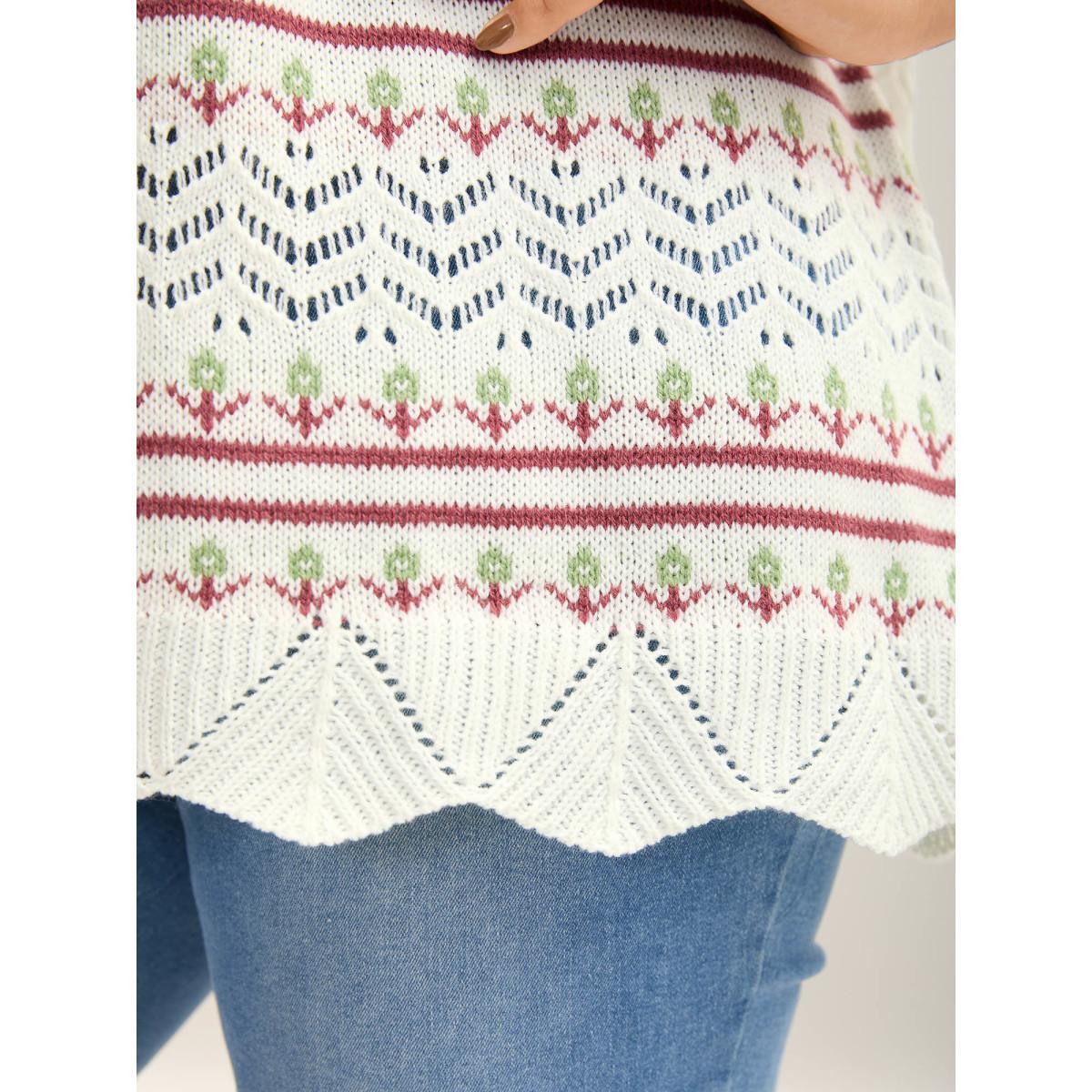 Plus Size Jacquard Pattern Crew Neck Ribbed Pullover Ivory Women Casual Loose Long Sleeve Round Neck Everyday-Casual Pullovers BloomChic 26/4X Product Image