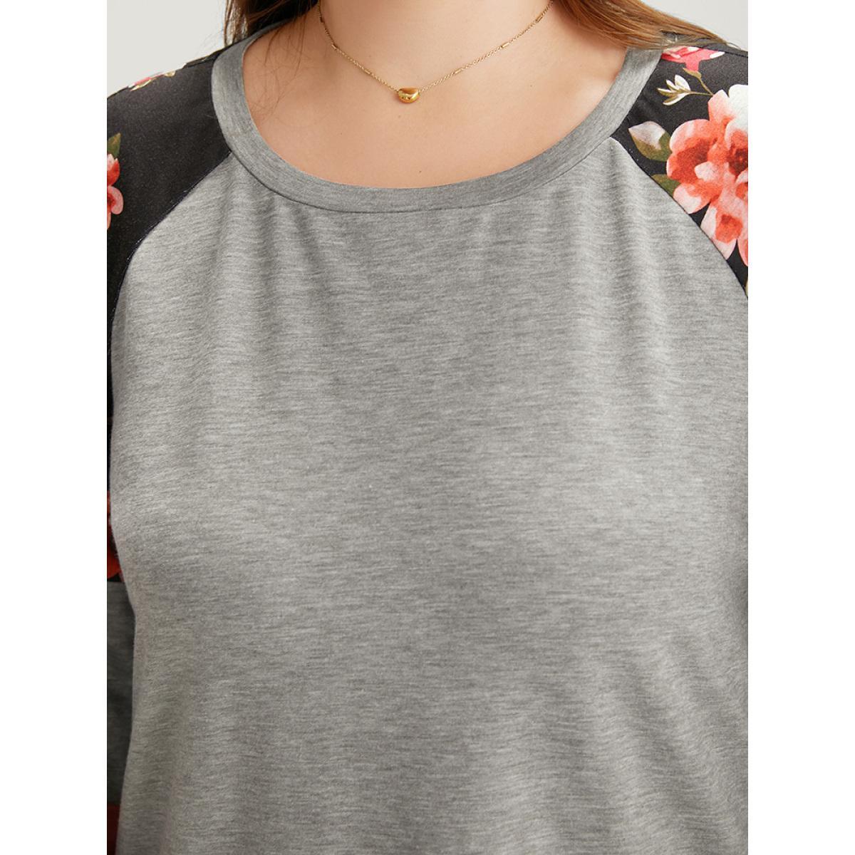 Plus Size Colorblock Contrast Floral Crew Neck Raglan Sleeve Sweatshirt Women Gray Casual Elastic cuffs Round Neck Dailywear Sweatshirts BloomChic 22-24/3X Product Image