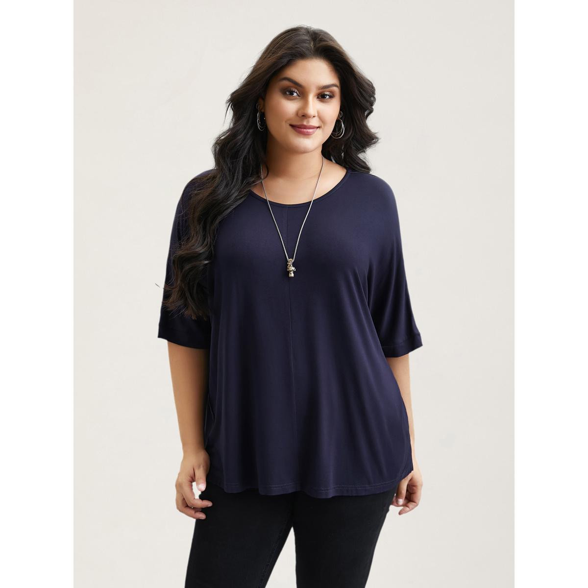 Plus Size Supersoft Round Neck Plain T-Shirt Midnight Women Casual Non Round Neck Everyday T-shirts BloomChic 14-16/1X Product Image