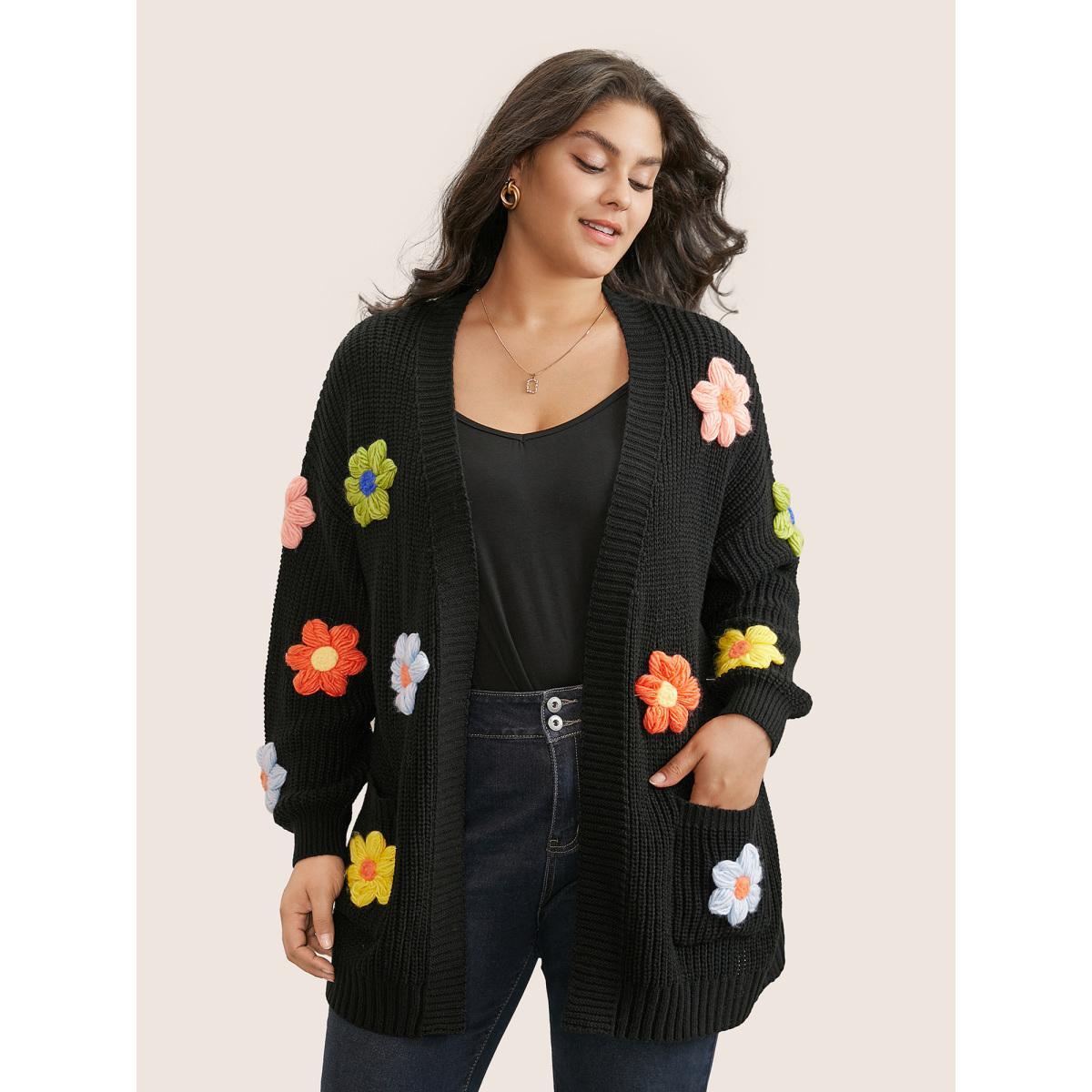 Plus Size Rainbow Floral Pocket Open Front Cardigan Black Women Casual Long Sleeve Everyday Cardigans BloomChic 10/M Product Image