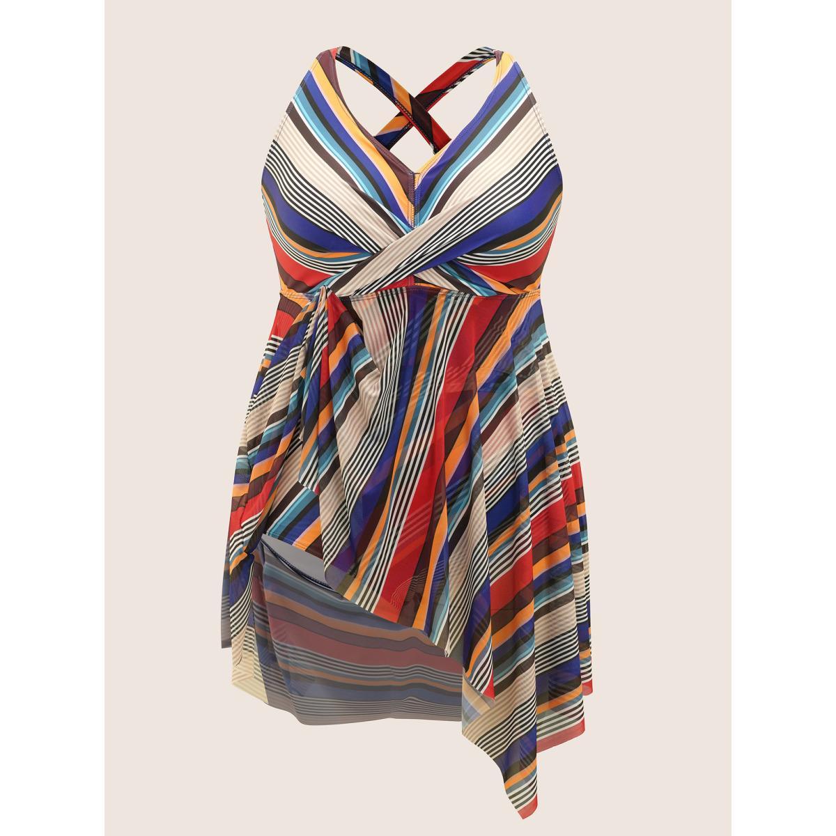 Plus Size Color Stripes Twist Hanky Hem Swim Dress Women's Swimwear Multicolor Beach Bodycon V-neck High stretch Curve Swim Dresses BloomChic 22-24/3X Product Image