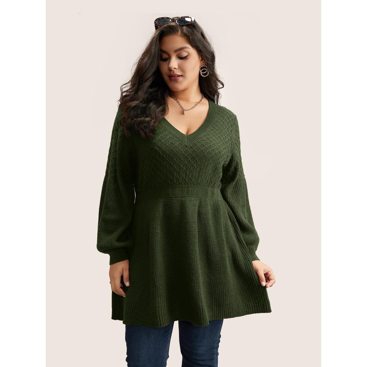 Plus Size Plain Plisse Lantern Sleeve A Line Pullover Moss Women Elegant Long Sleeve V-neck Everyday Pullovers BloomChic 18-20/2X Product Image