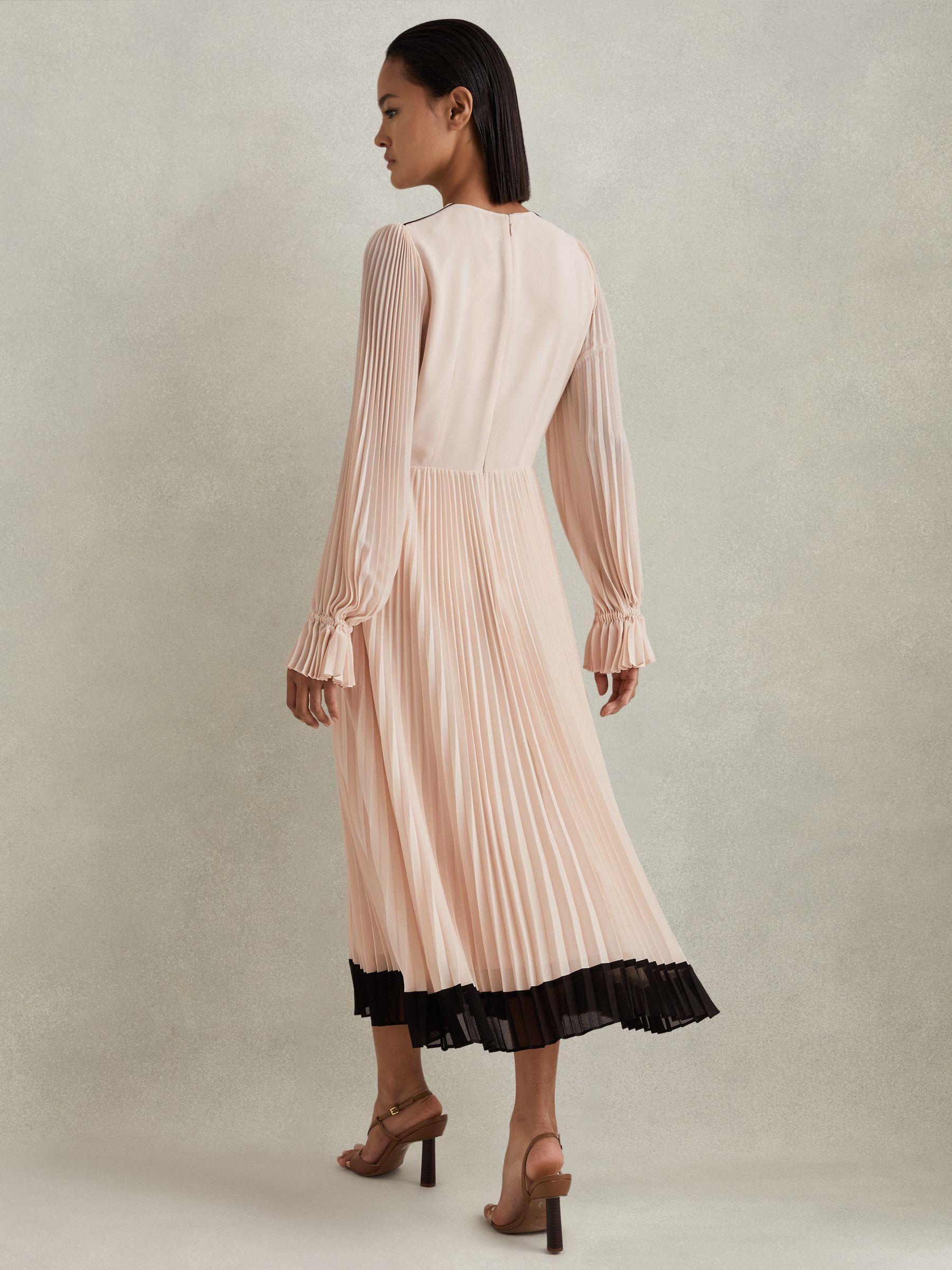 Pleated Belted Midi Dress in Nude/Black Product Image