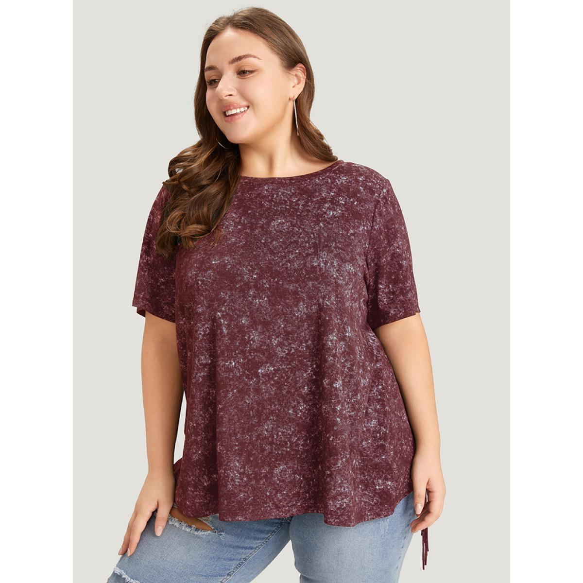 Plus Size Plain Fringe Hem Vintage T-shirt Burgundy Women Casual Tassels Plain Round Neck Dailywear T-shirts BloomChic 10/M Product Image