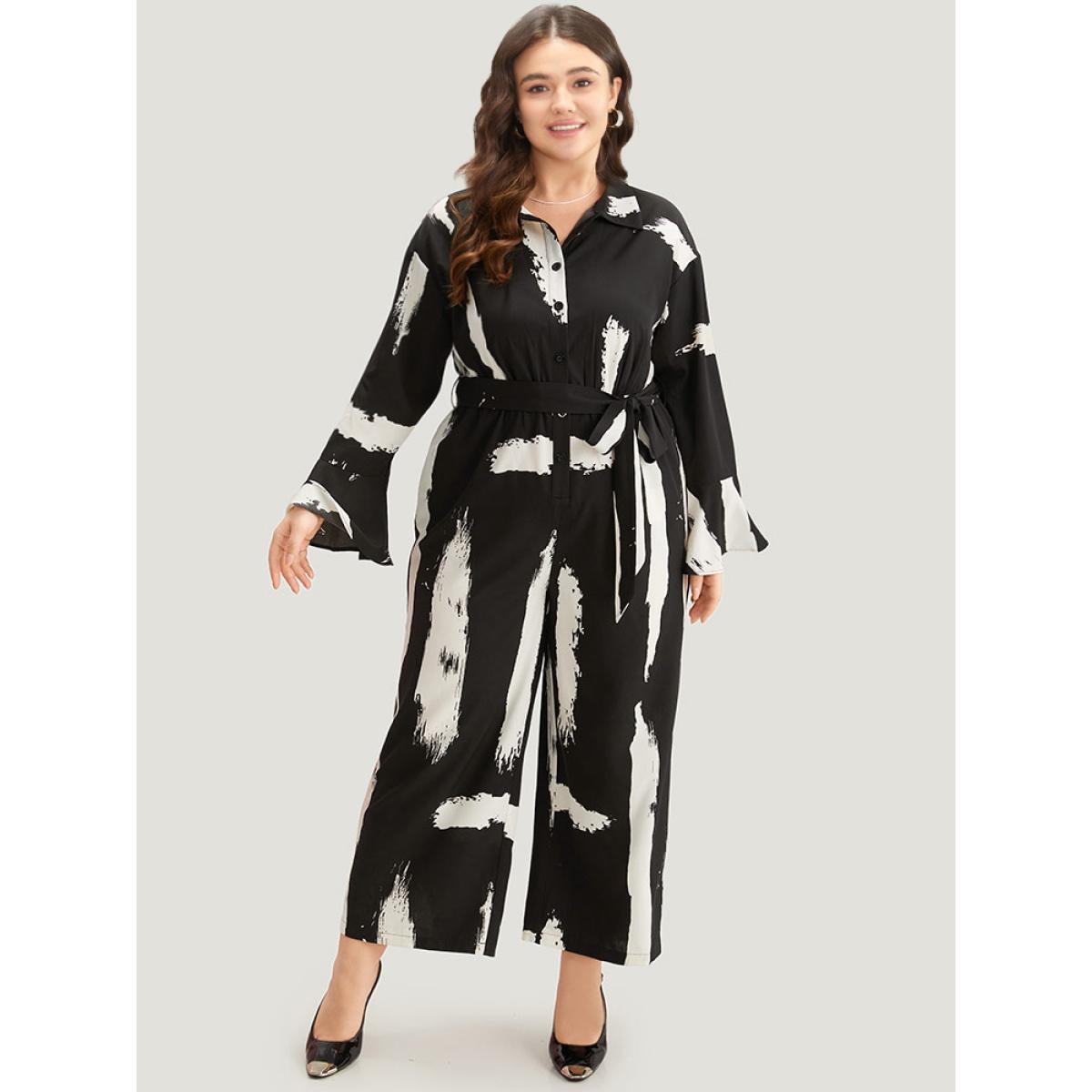 Plus Size BlackFlower Brush Print Button Up Belted Bell Sleeve Jumpsuit Women Office Long Sleeve Shirt collar Work Loose Jumpsuits BloomChic 18-20/2X Product Image