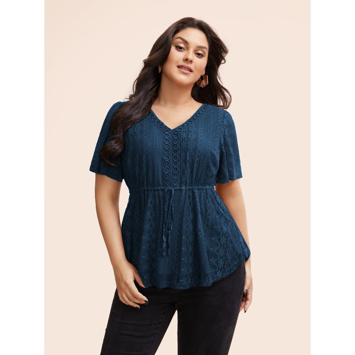 Plus Size DarkGreen V Neck Lace Panel Drawstring Blouse Women Elegant Short sleeve V-neck Everyday Blouses BloomChic 30/6X Product Image