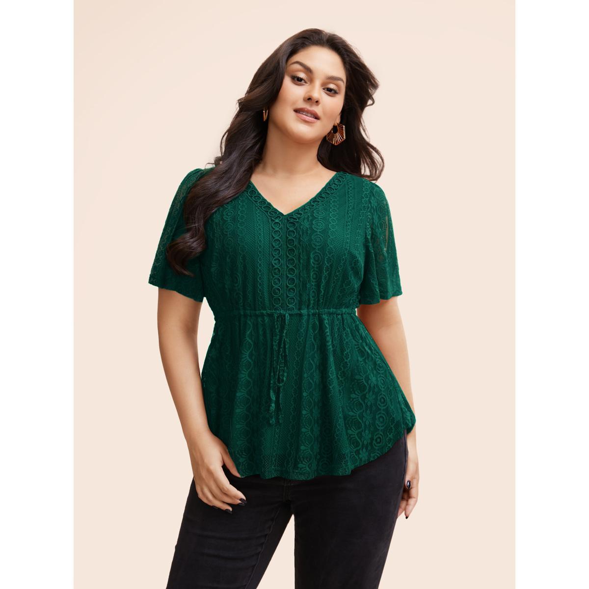 Plus Size DarkGreen V Neck Lace Panel Drawstring Blouse Women Elegant Short sleeve V-neck Everyday Blouses BloomChic 30/6X Product Image