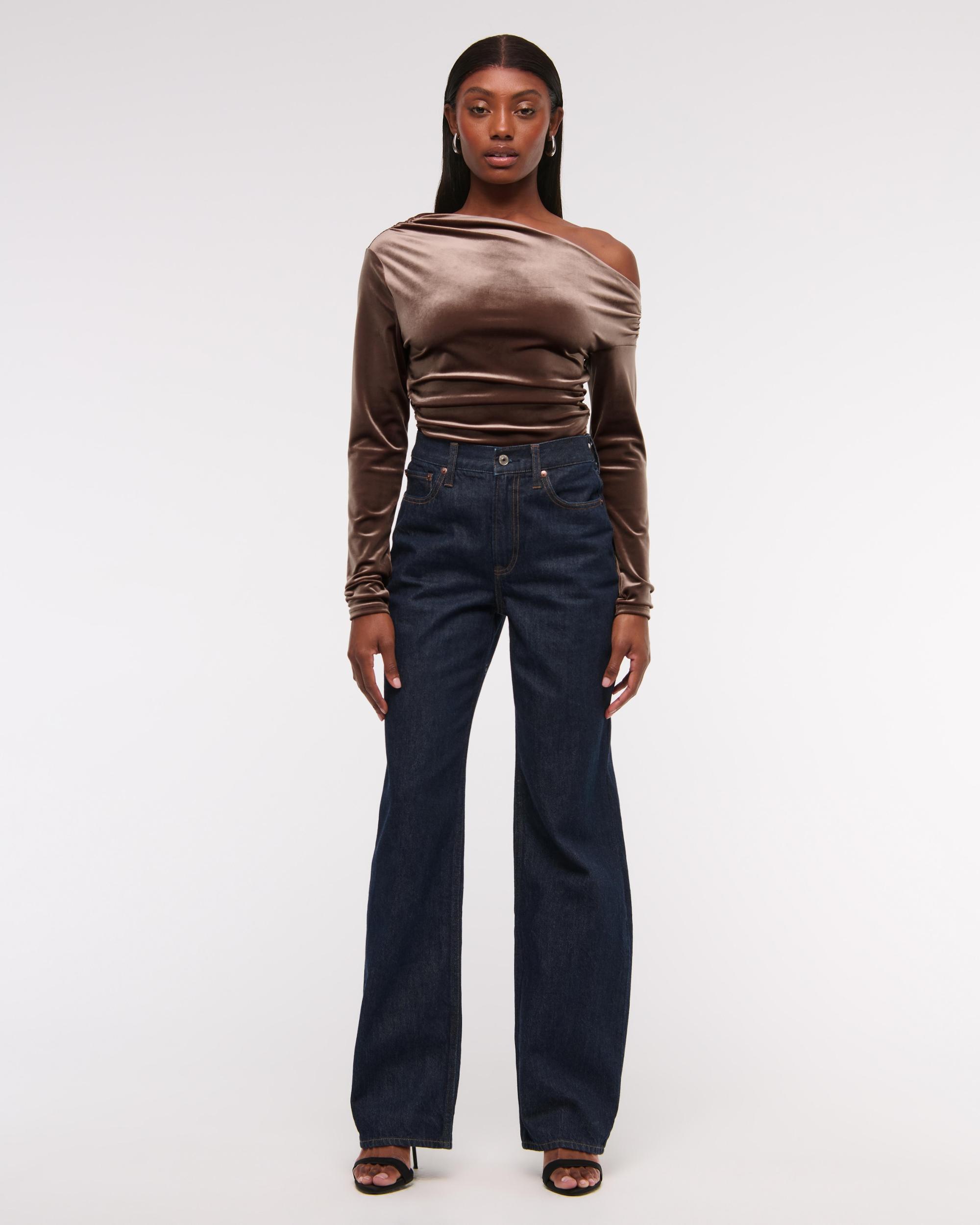 Long-Sleeve Velvet Asymmetrical Draped Top Product Image