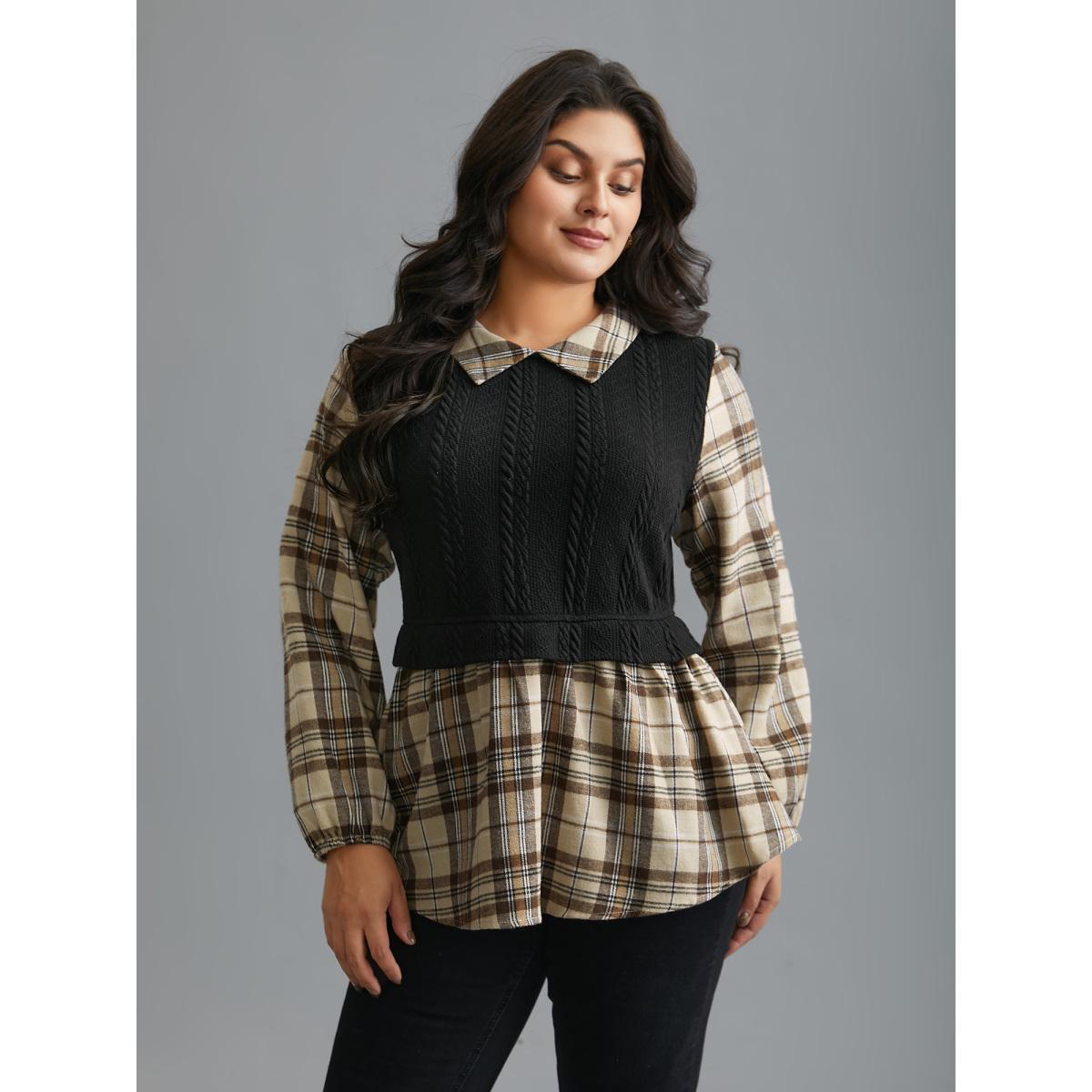 Plus Size LightBrown Plaid Patchwork Texture Lantern Sleeve Blouse Women Elegant Long Sleeve Shirt collar Everyday Blouses BloomChic 14-16/1X Product Image