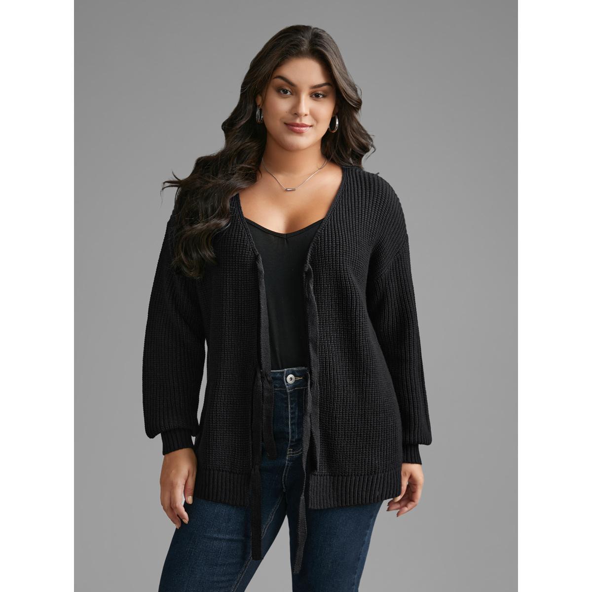 Plus Size Supersoft Essentials Solid Tie Knot Cardigan Black Women Casual Bodycon Long Sleeve Everyday Cardigans BloomChic 28/5X Product Image
