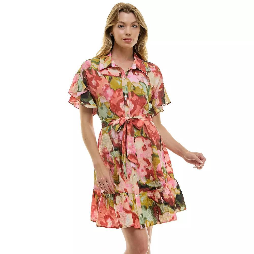 Women's Luxology Button Front Tie-Waist Dress, Size: Large, Peach Green Pink Product Image