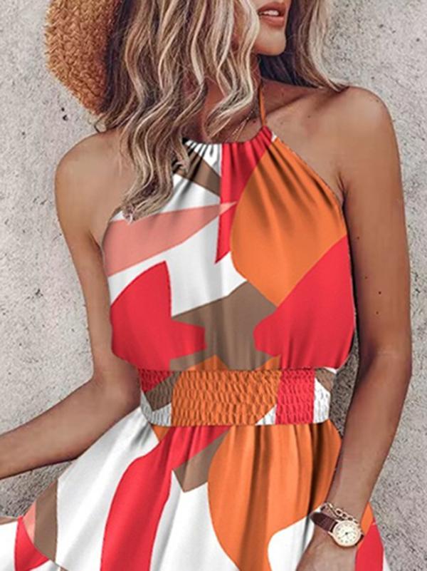 Loose Sleeveless Color-Block Contrast Color Elasticity Split-Joint Halter-Neck Mini Dresses Product Image