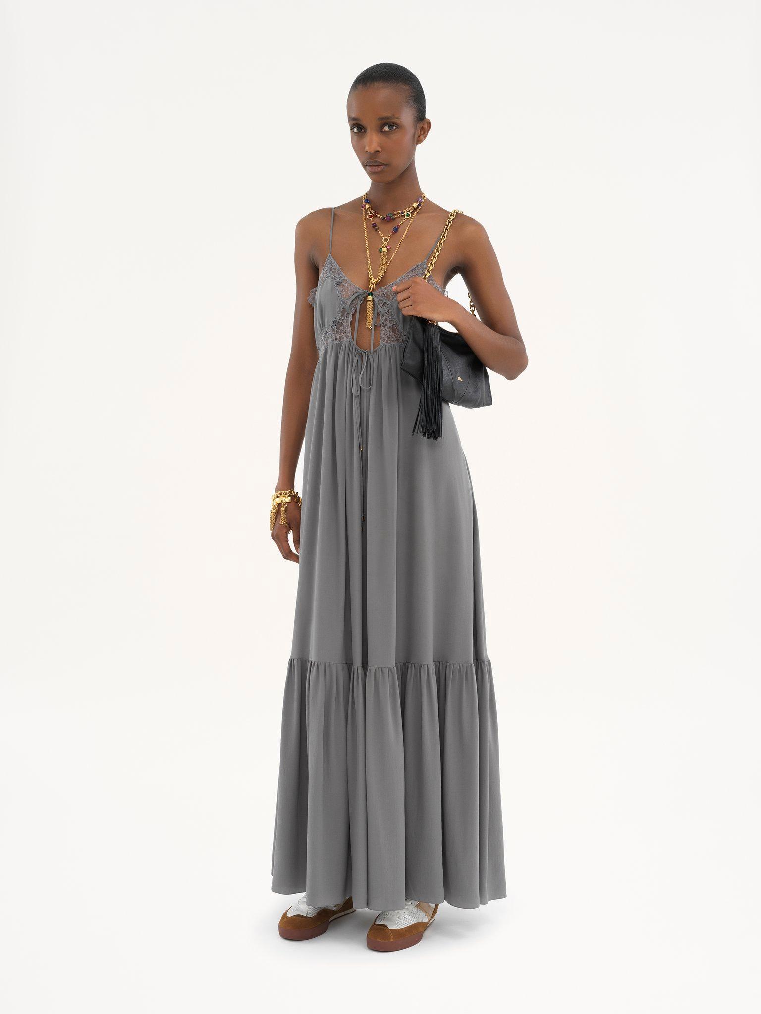 Sleeveless long dress in silk crêpe de chine Product Image