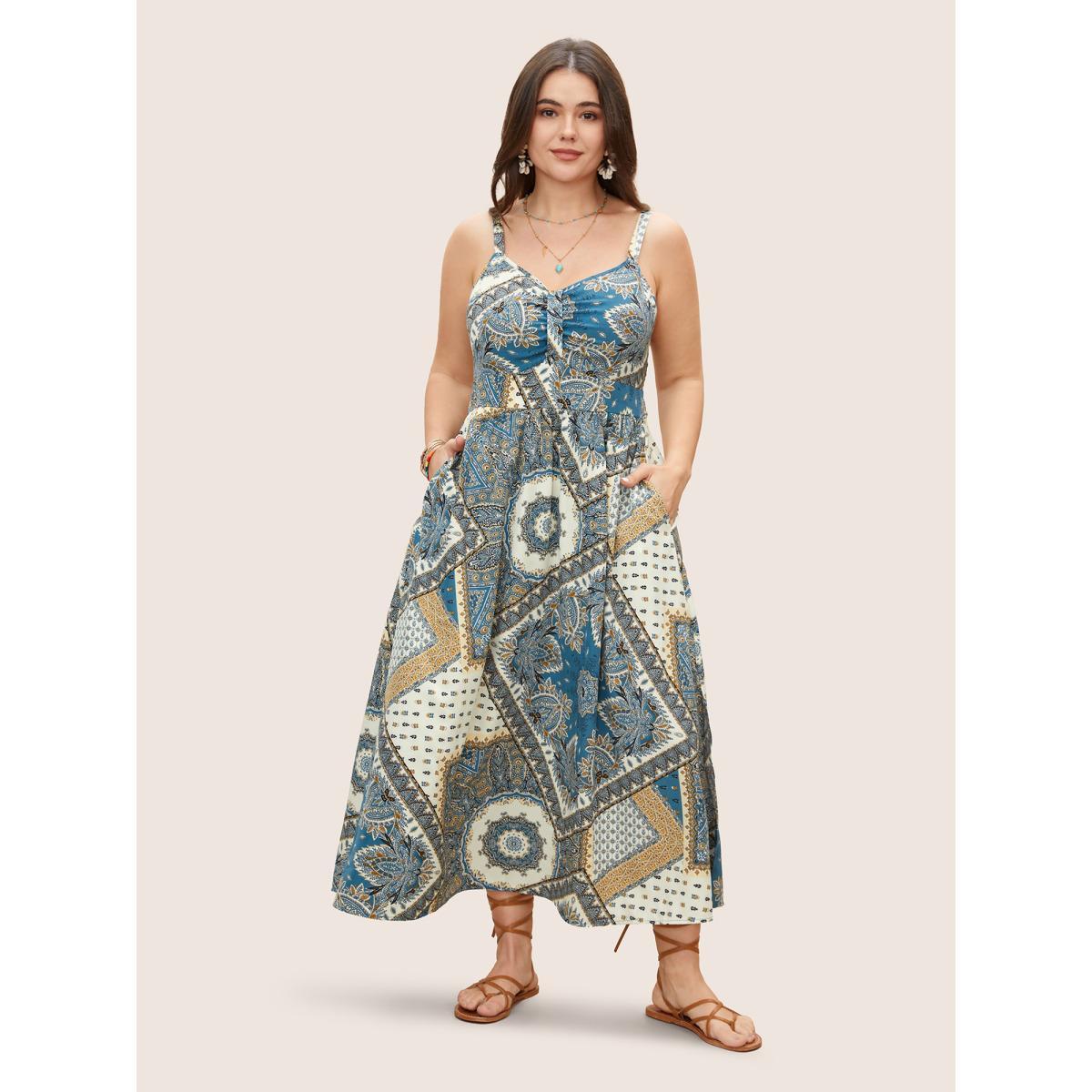 Plus Size Bandana Print Ruched Split Hem Cami Dress Cerulean Women Resort V-neck Sleeveless Curvy BloomChic 28/5X Product Image