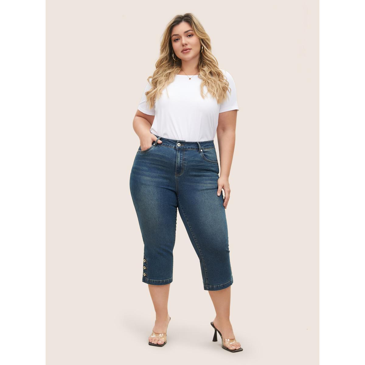 Plus Size Dark Wash Slit Hem Pull On Jegging Jeans Women Indigo Elegant Plain Non High stretch Slanted pocket Jeans BloomChic 20/2X Product Image