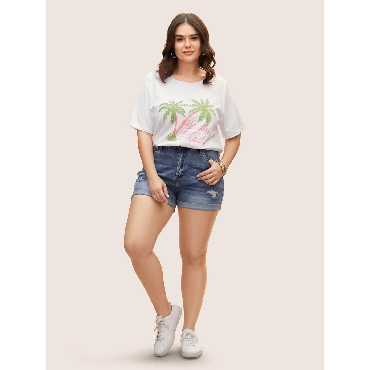 Plus Size Cotton Vacation Tropical Print Round Neck T-shirt Originalwhite Women Resort Contrast Tropical Round Neck Vacation T-shirts BloomChic 22-24/3X Product Image