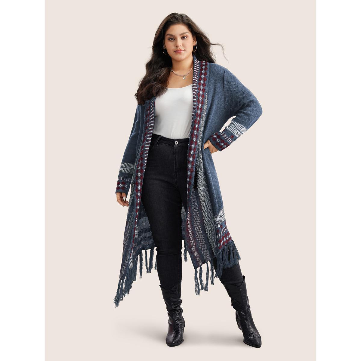 Plus Size Bandana Print Fringe Trim Maxi Cardigan Stone Women Casual Long Sleeve Everyday Cardigans BloomChic 14-16/1X Product Image