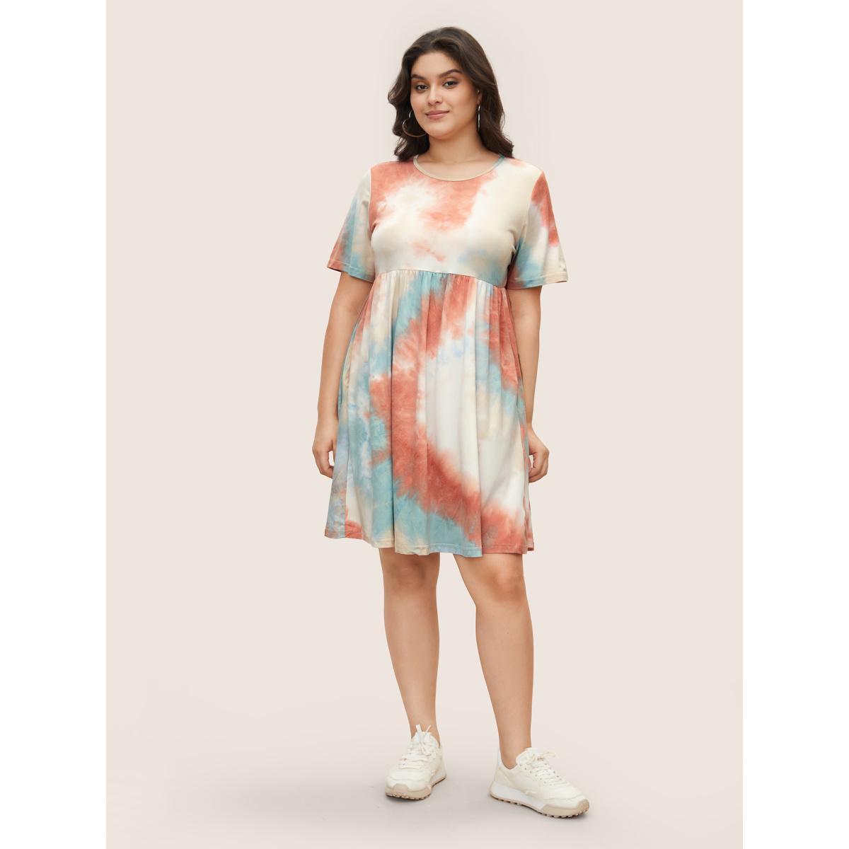 Plus Size Tie Dye Pocket Ruffle Hem Knee Dress Crepe Women Casual Non Round Neck Short sleeve Curvy Knee Dress BloomChic 10/M Product Image