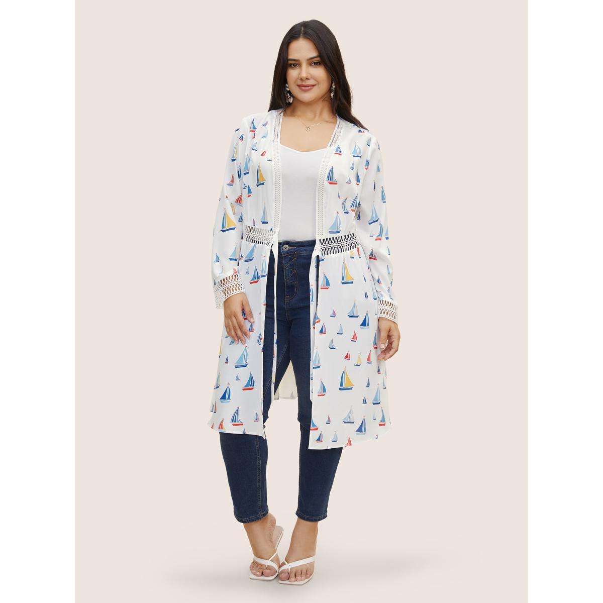 Plus Size Marine Elements Knotted Cut Out Kimono Women Indigo Resort Contrast Vacation Kimonos BloomChic 12/L Product Image