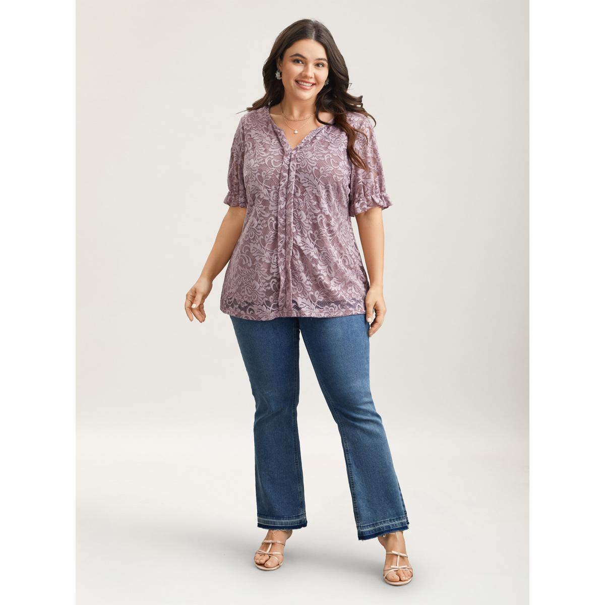 Plus Size Heather Lace Ruffled Puff Sleeve Shirt Women Elegant Short sleeve Notched collar Everyday Blouses BloomChic 18-20/2X Product Image