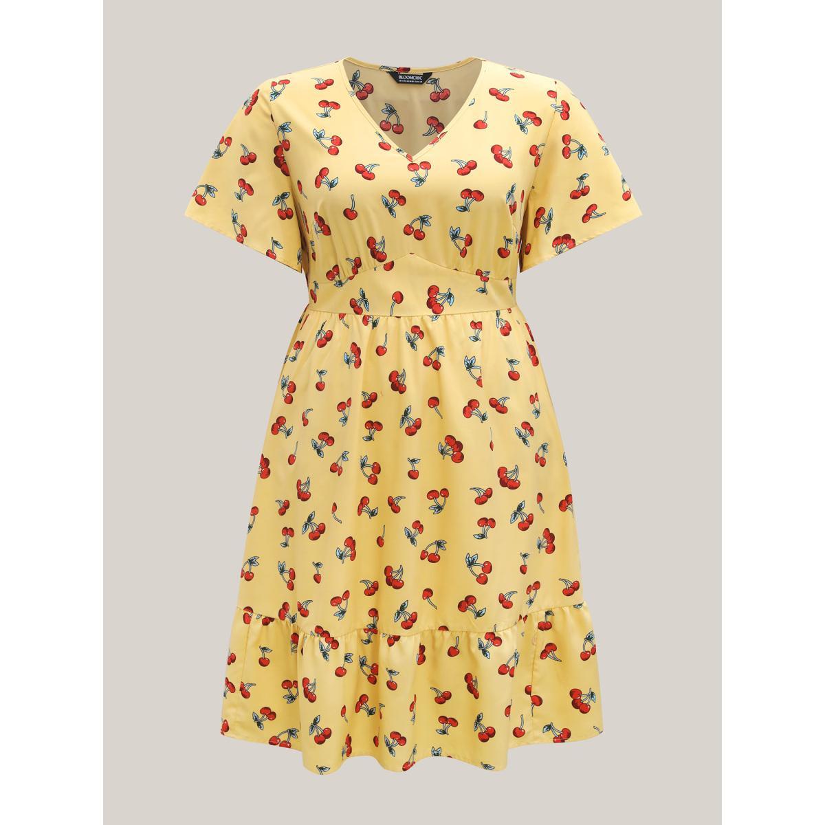 Plus Size Cherry Print Stretchy Cinched-Waist Midi Dress Lemonyellow Women V-neck Short sleeve Curvy BloomChic 12/L Product Image