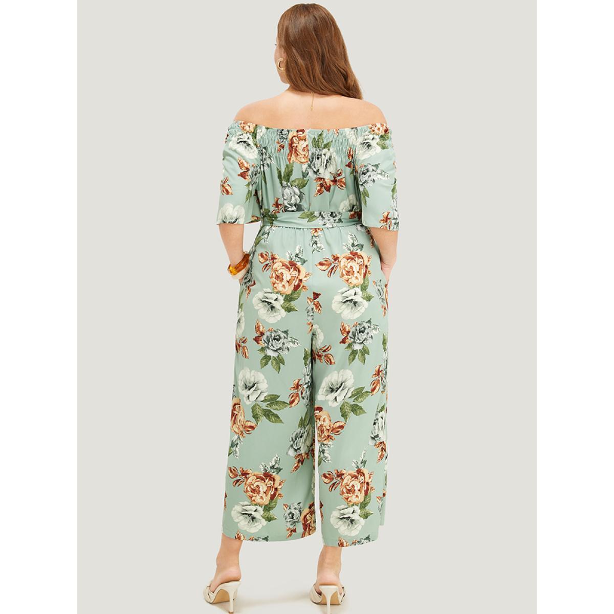 Plus Size Sage Floral Flutter Sleeve Gathered Belt Pocket Jumpsuit Women Elegant Short sleeve Round Neck Dailywear Loose Jumpsuits BloomChic 12/L Product Image