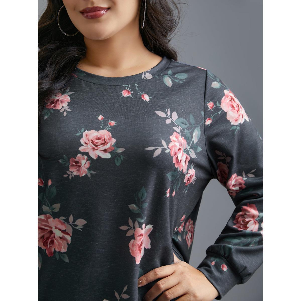 Plus Size Stretchy Floral Paint Sweatshirt Women BlackFlower Casual Contrast Round Neck Everyday Sweatshirts BloomChic 12/L Product Image