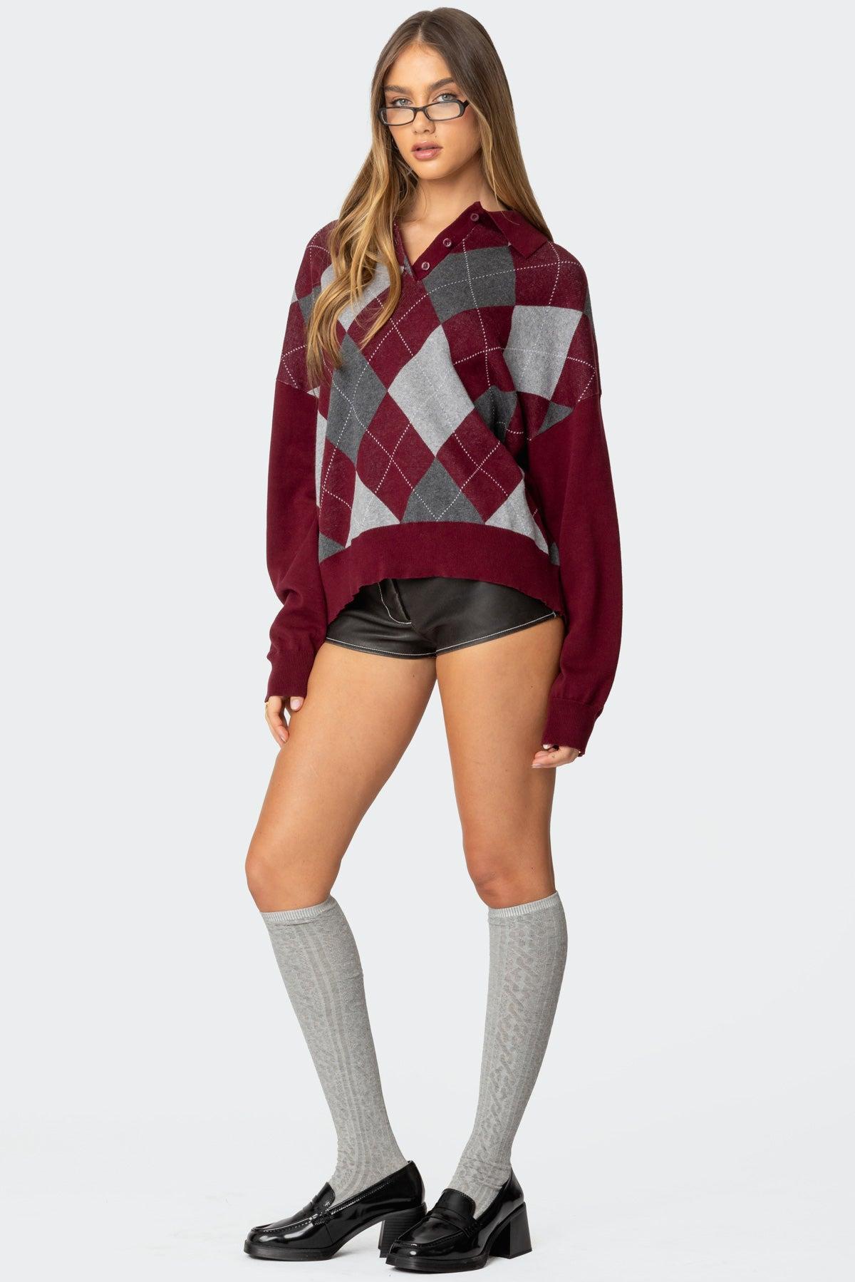 Argyle Oversized Polo Sweater Product Image