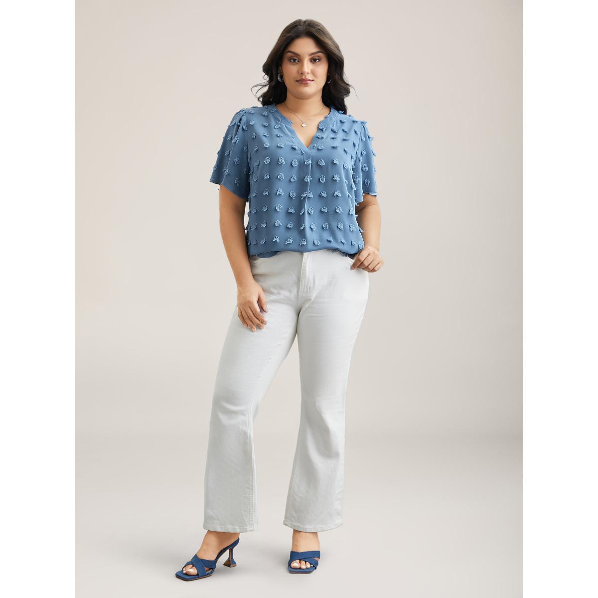 Plus Size Cerulean Textured Notched Collar Plicated Detail Blouse Women Elegant Short sleeve Flat collar with V-notch Everyday Blouses BloomChic 30/6X Product Image