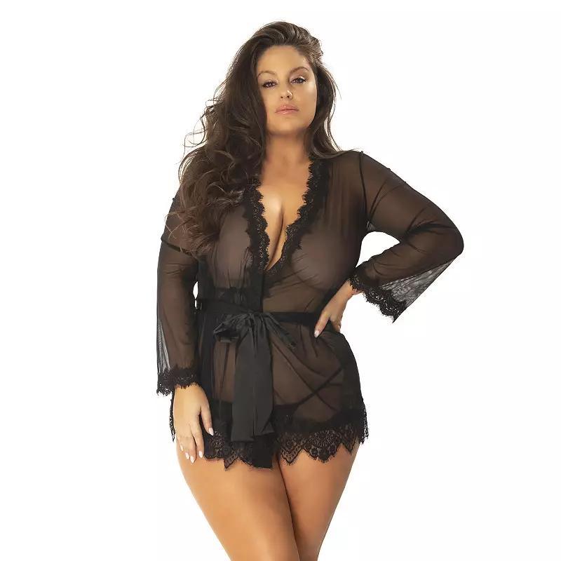 Plus Size Oh La La Cheri Provence Eyelash Lace Robe & G-String Set 94-11136X, Women's, Size: 3XL-4XL, White Product Image