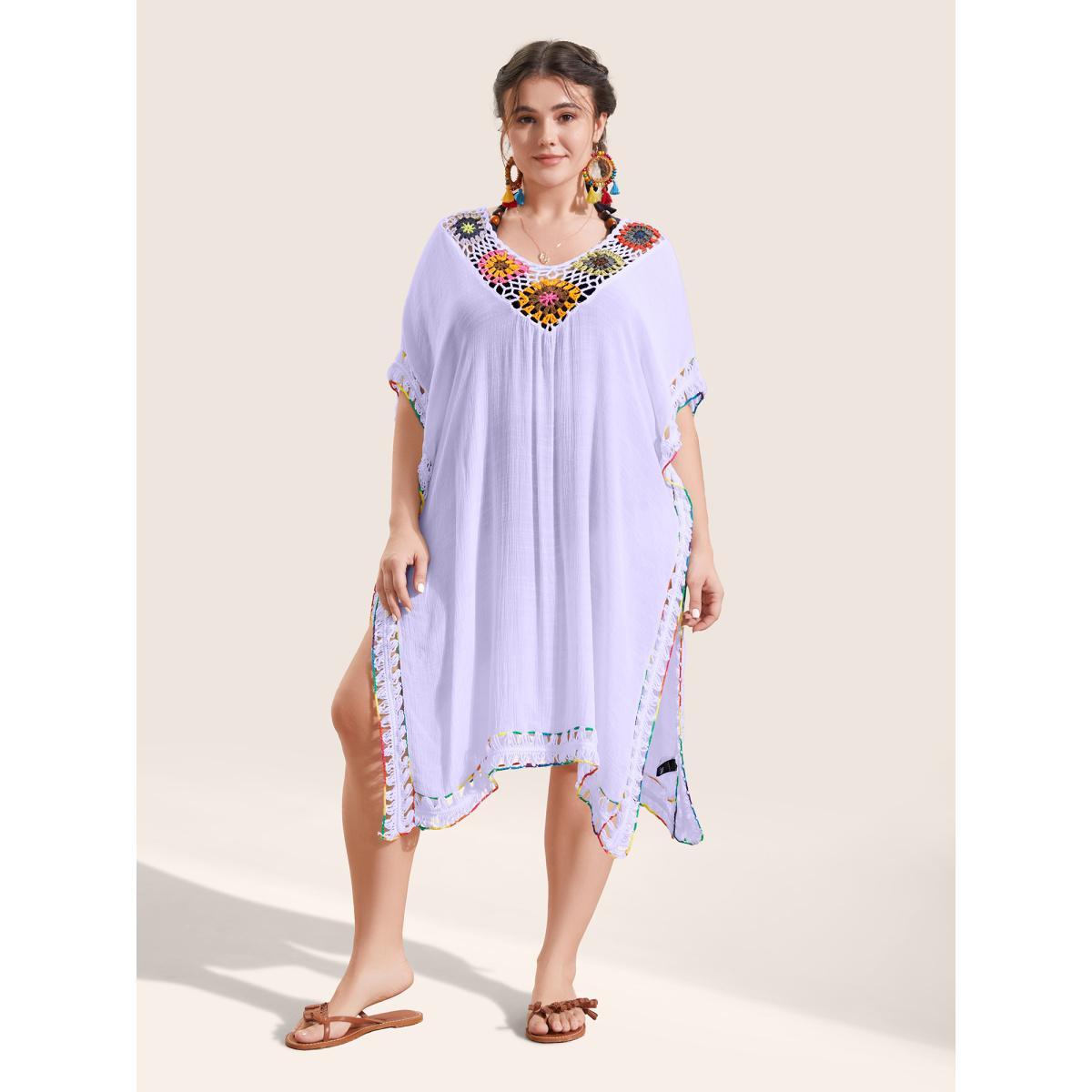 Plus Size Colored Crochet Slit Hem Swim Cover Up Women's Swimwear Lavender Beach Loose Crochet Curve Swim Cover Ups BloomChic 14-16/1X Product Image