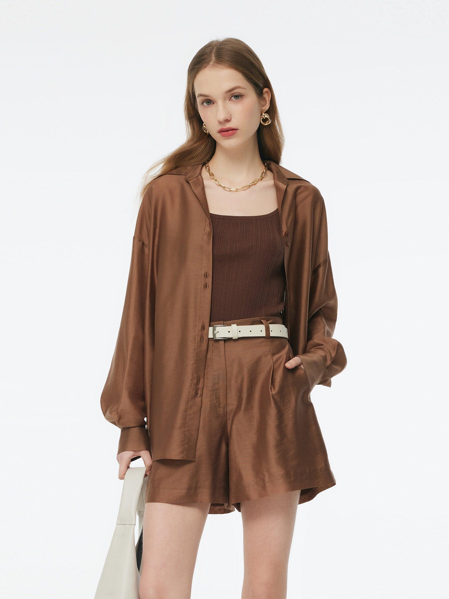 Tencel Blend Shirt And Knit Camisole Two-Piece Set Product Image