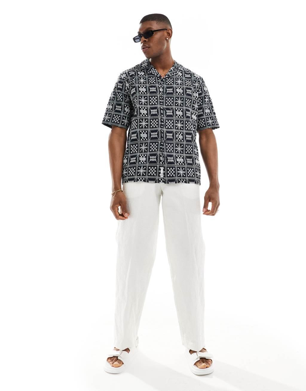 Only & Sons revere collar shirt with embroidery in navy Product Image