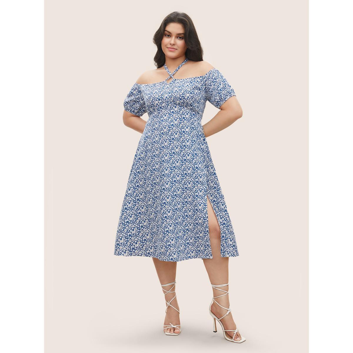 Plus Size Ditsy Floral One Shoulder Neck Cross Straps Dress Blue Women Elegant Non One-shoulder neck Short sleeve Curvy Midi Dress BloomChic 18-20/2X Product Image