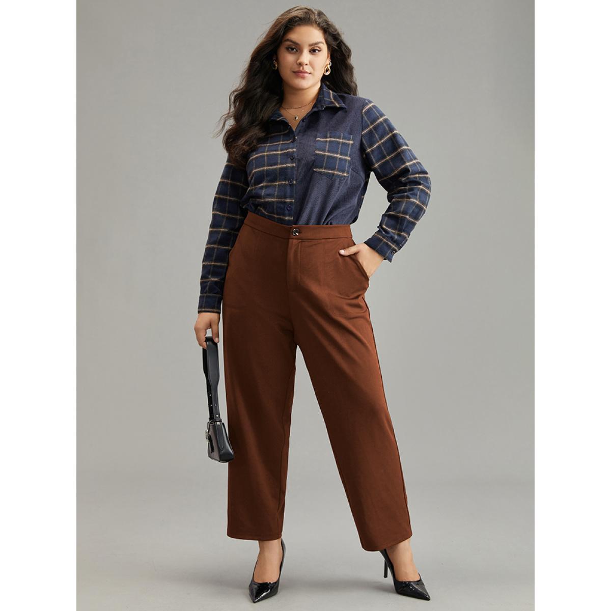 Plus Size Plain Elastic Waist Pocket Mid Rise Pants Women DarkBrown Office Mid Rise Work Pants BloomChic 10/M Product Image
