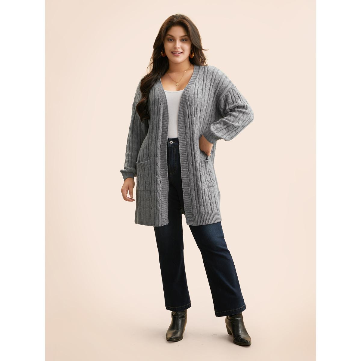 Plus Size Cable Knit Drop Shoulder Sleeve Cardigan Mediumgray Women Casual Loose Long Sleeve Everyday Cardigans BloomChic 26/4X Product Image