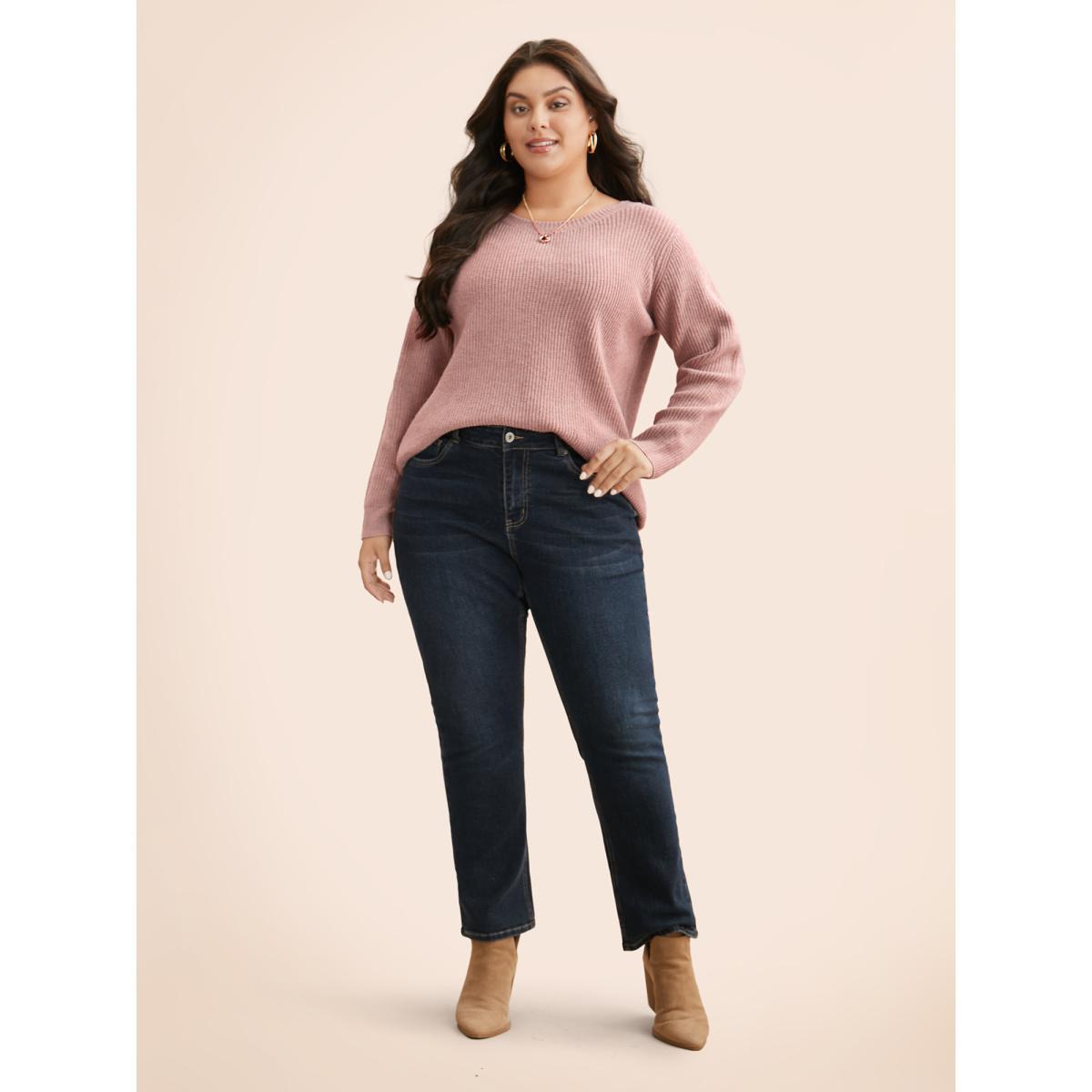 Plus Size Round Neck Texture Back Bowknot Pullover Crepe Women Casual Loose Long Sleeve Round Neck Everyday Pullovers BloomChic 30/6X Product Image