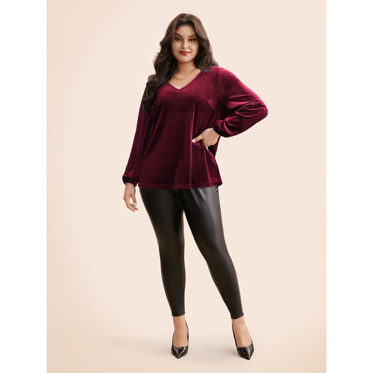 Plus Size Burgundy V Neck Velvet Lantern Sleeve Blouse Women Elegant Long Sleeve V-neck Everyday Blouses BloomChic 30/6X Product Image