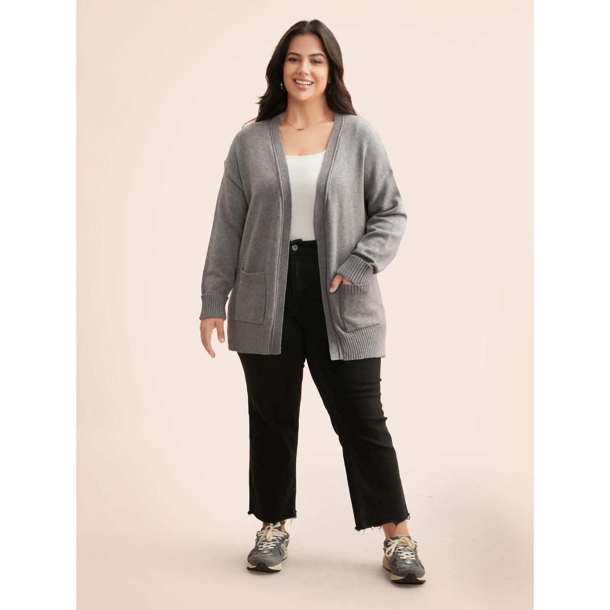 Plus Size Supersoft Essentials Open Pockets Cardigan DimGray Women Basics Loose Long Sleeve Everyday Cardigans BloomChic 26/4X Product Image