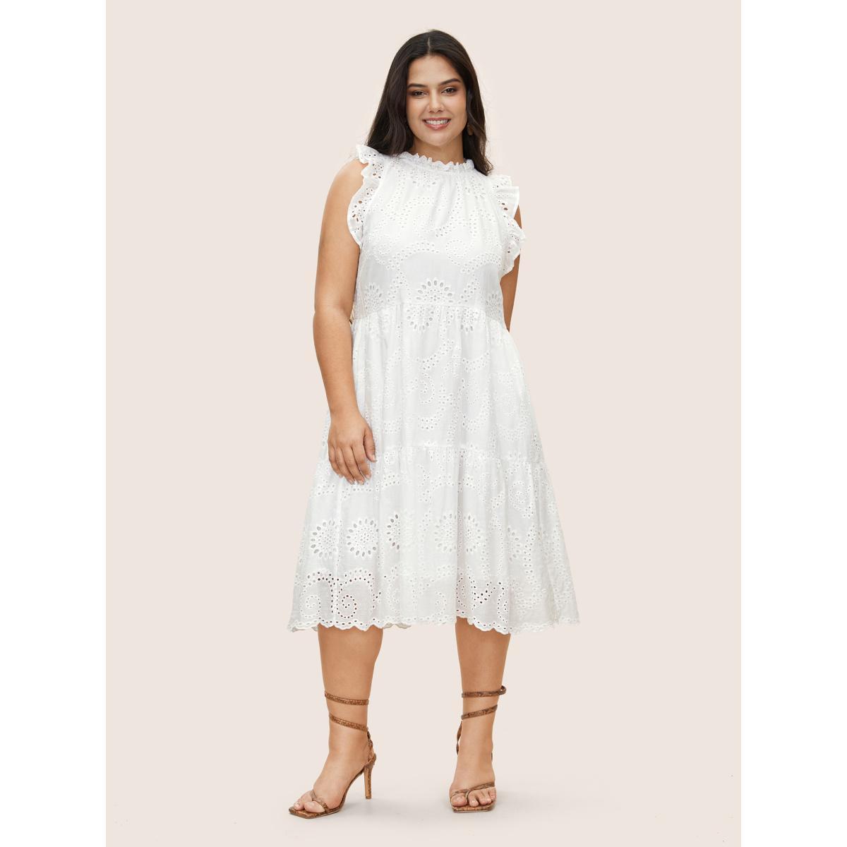 Plus Size Mock Neck Broderie Anglaise Ruffle Trim Dress White Women Resort Patchwork Round Neck Cap Sleeve Curvy Midi Dress BloomChic 12/L Product Image