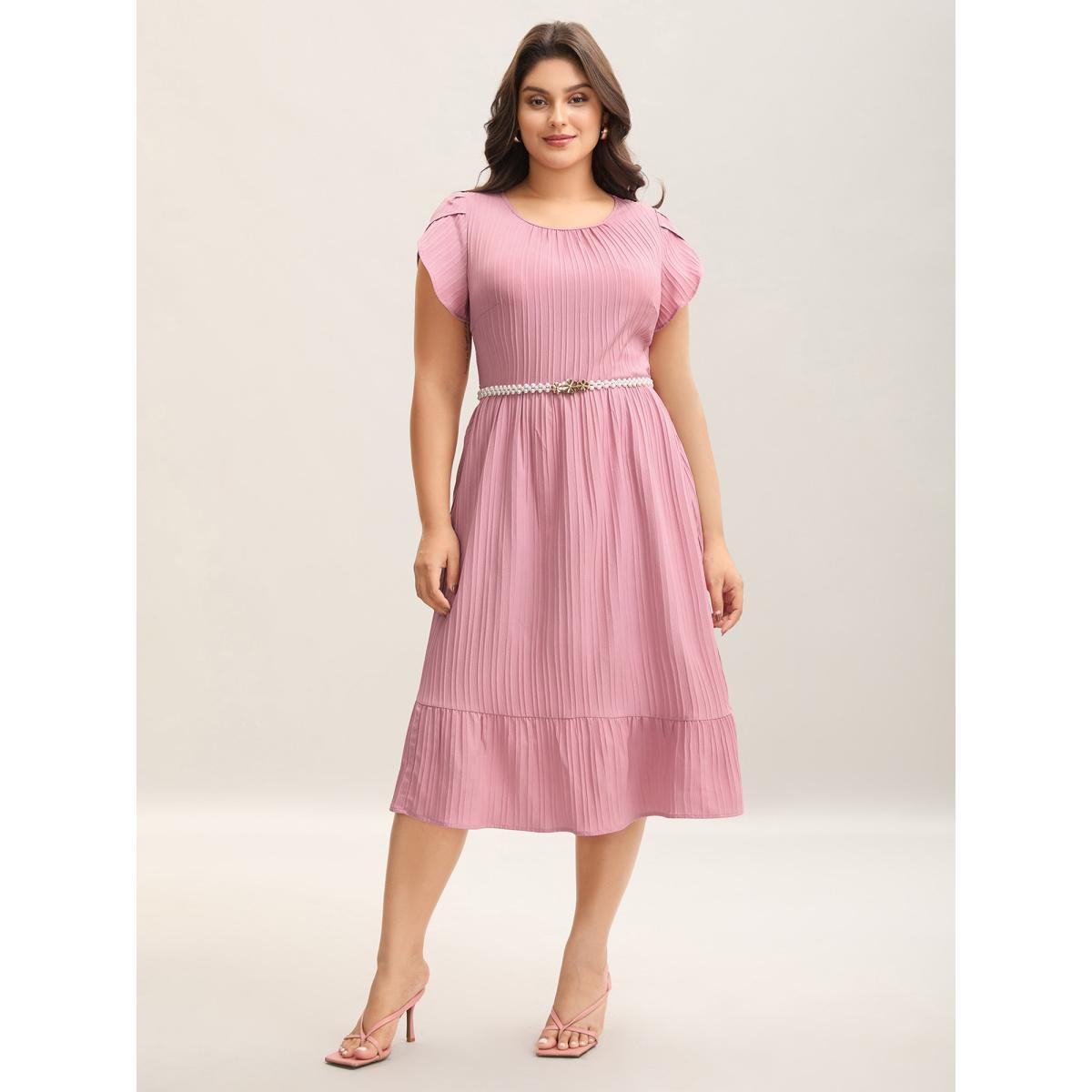 Plus Size Textured Petal Sleeve Pockets Midi Dress Blush Women Elegant Gathered Round Neck Short sleeve Curvy BloomChic 14-16/1X Product Image