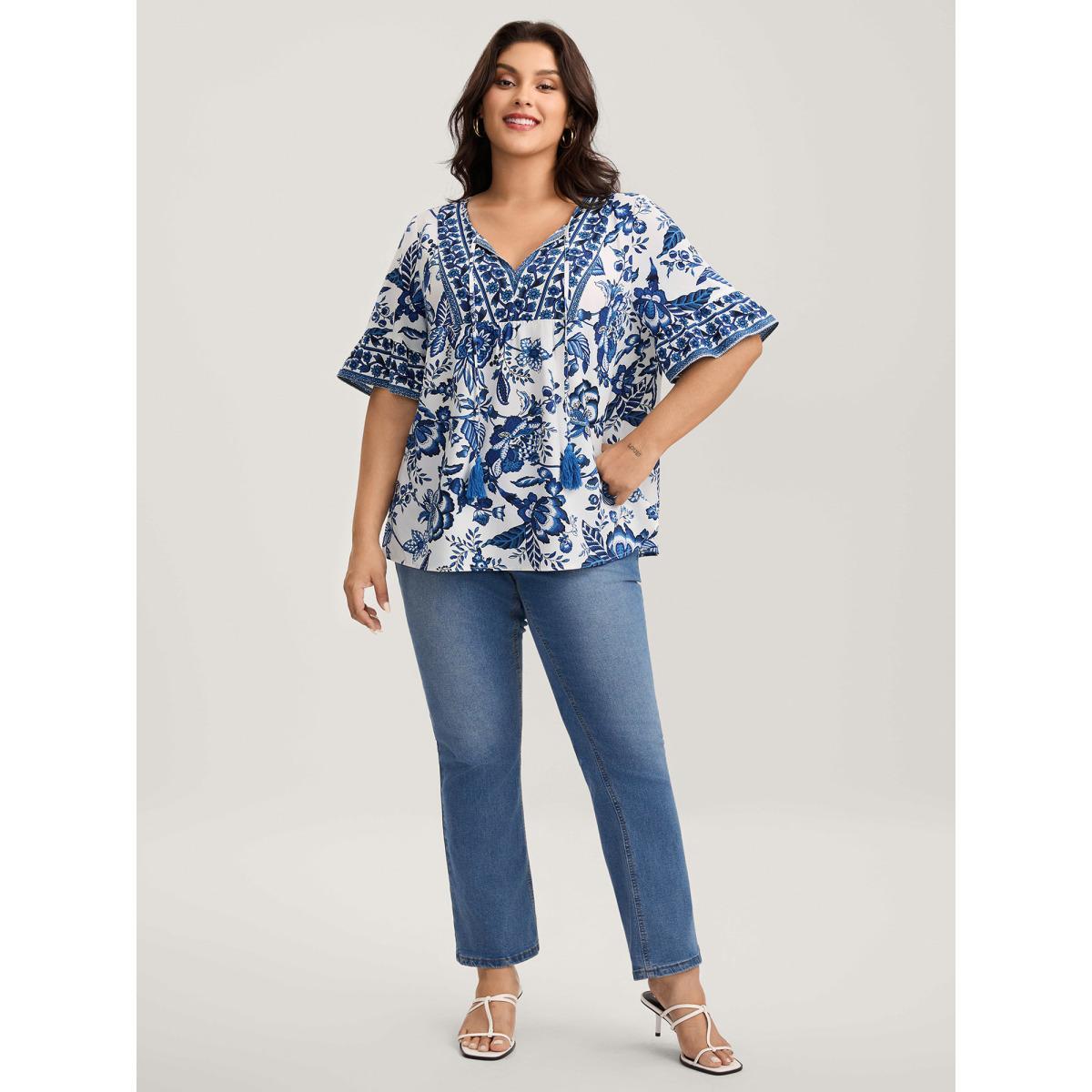 Plus Size Mediumblue Floral Print Neck Tassels Blouse Women Half Sleeve V-neck Everyday-Elegant Blouses BloomChic 10/M Product Image