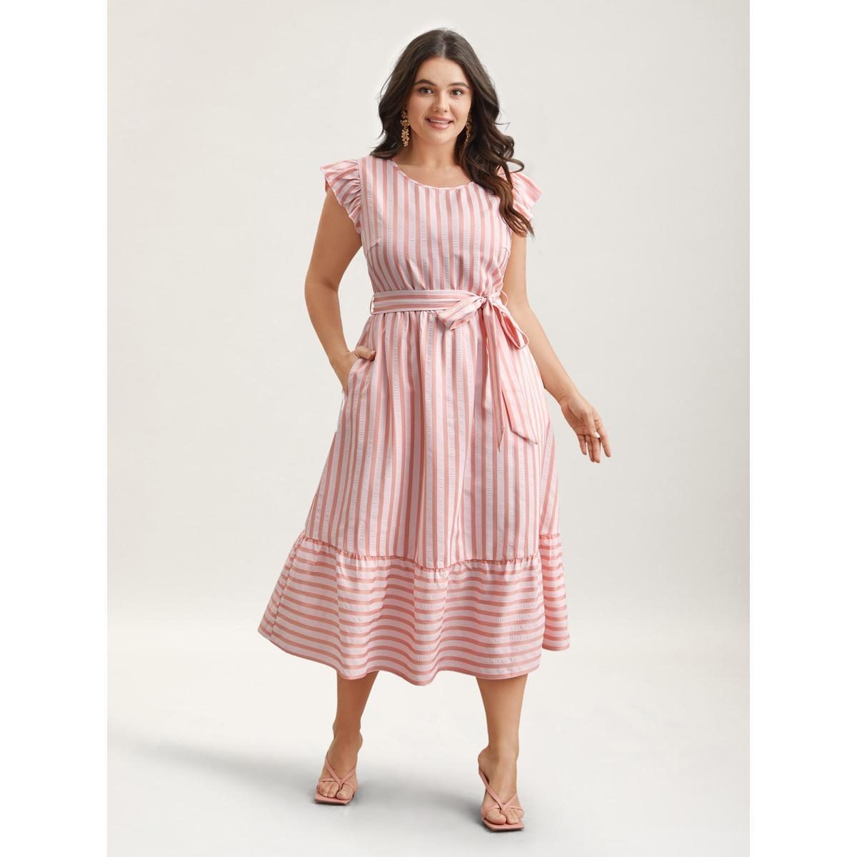 Plus Size Pastel Stripes Belted Pockets Midi Dress Multicolor Women Casual Belted Round Neck Cap Sleeve Curvy BloomChic 26/4X Product Image
