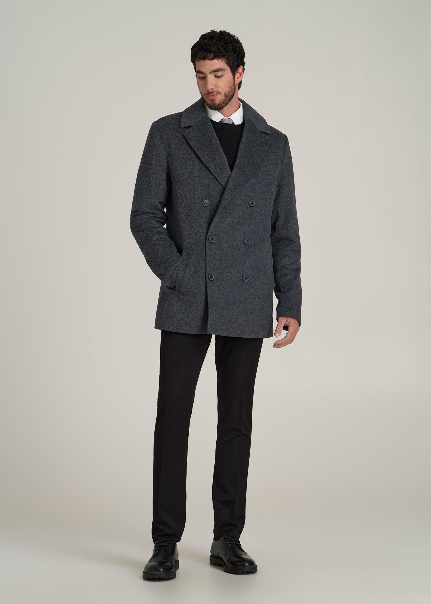 Double-Breasted Wool Peacoat for Tall Men in Dark Grey Mix Product Image